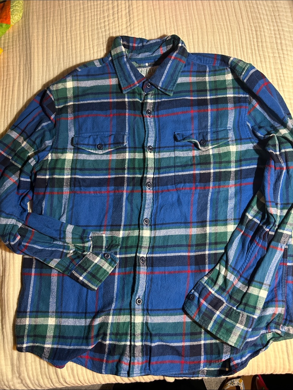 Men's Blue & Green Plaid Flannel Button-Up Shirt
